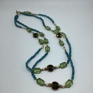 Teal Green Gold Tone w/ Faux Pearl Beads Long Necklace 29"